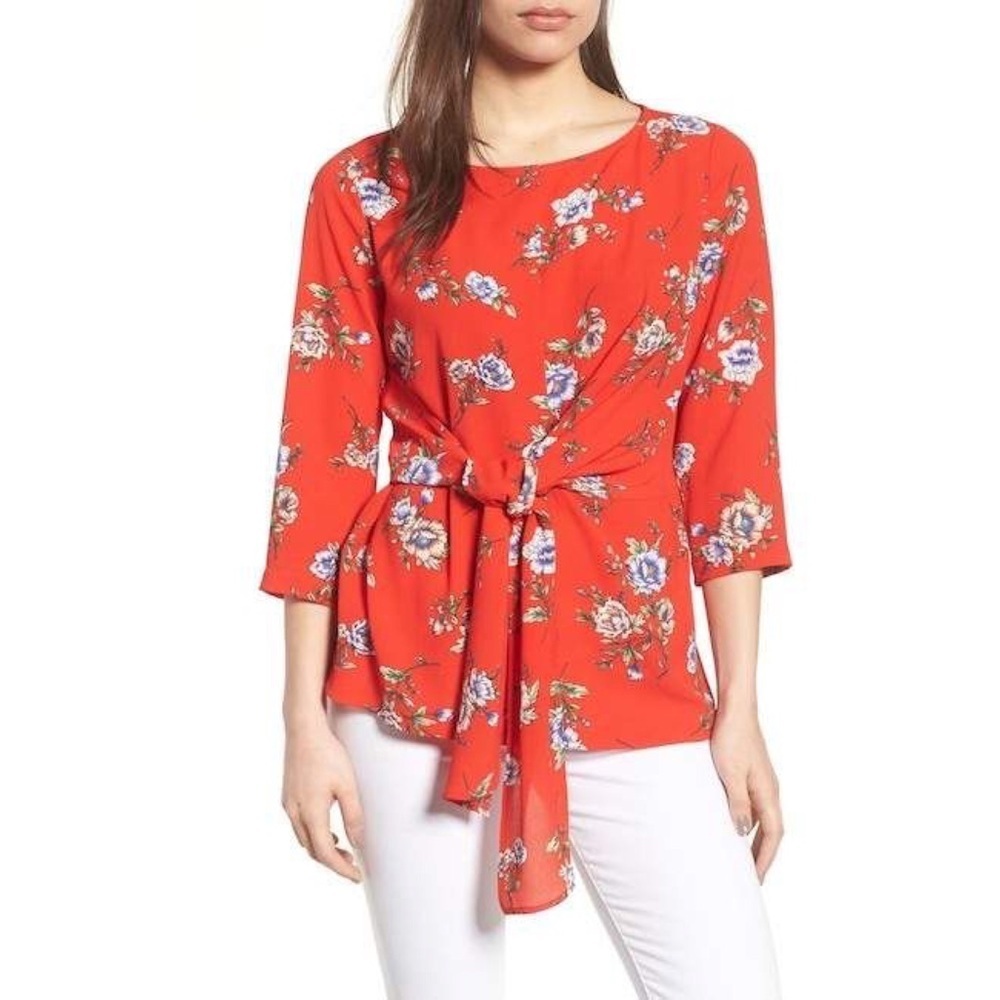 Gibson red floral tie-front crepe top